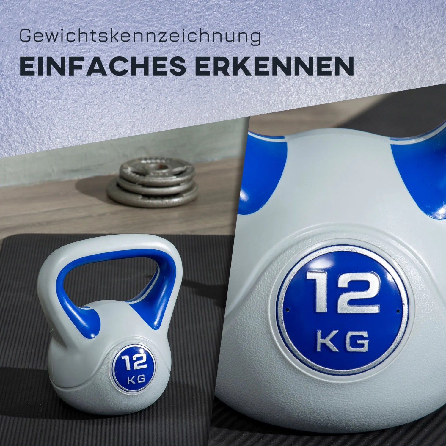 Blaue SPORTNOW Kettlebell 12 kg auf Fitnessmatte, mit deutlicher Gewichtsangabe. Ideal für Krafttraining.