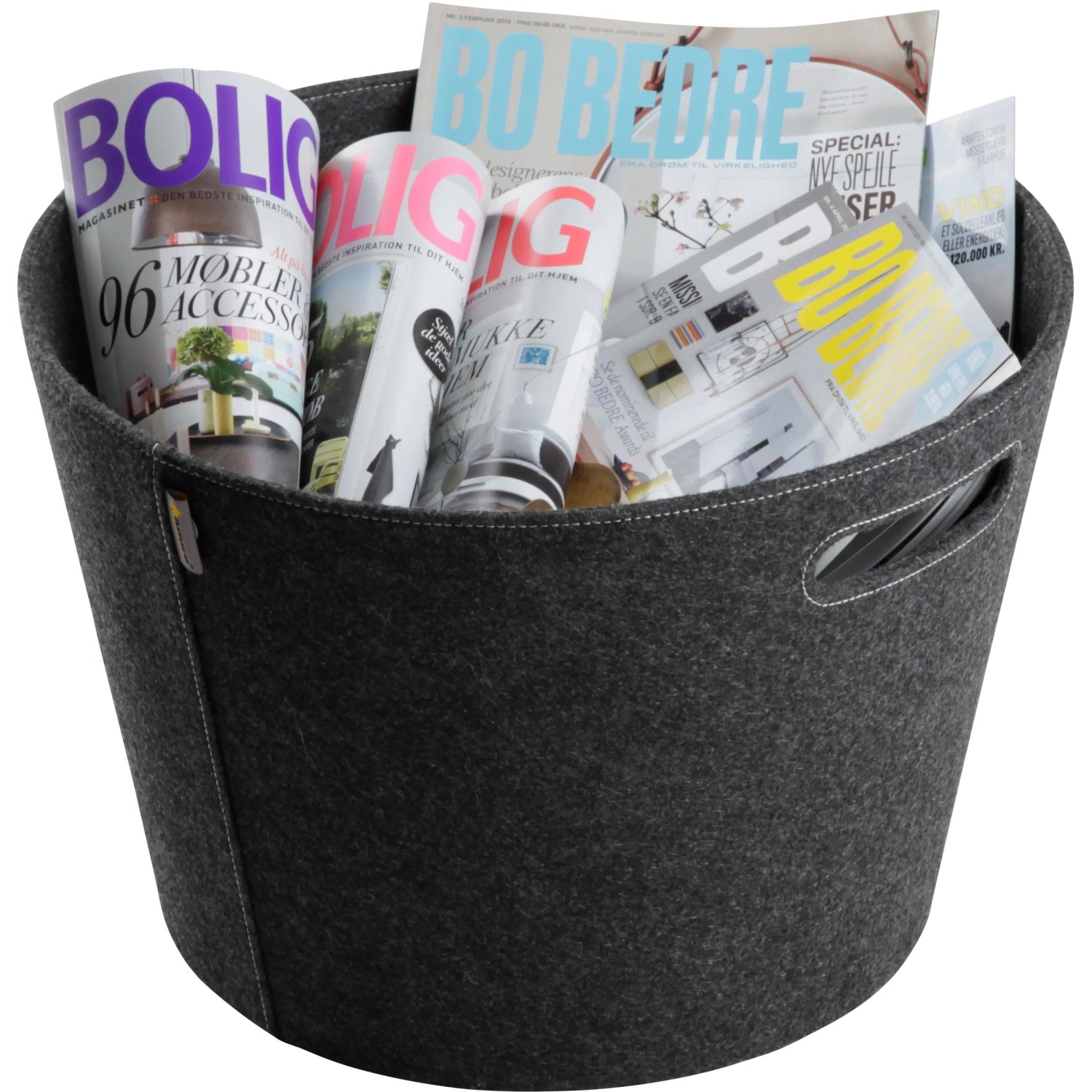 Grauer Aduro Holzkorb Proline aus Filz (Ø 45 cm) gefüllt mit Zeitschriften.