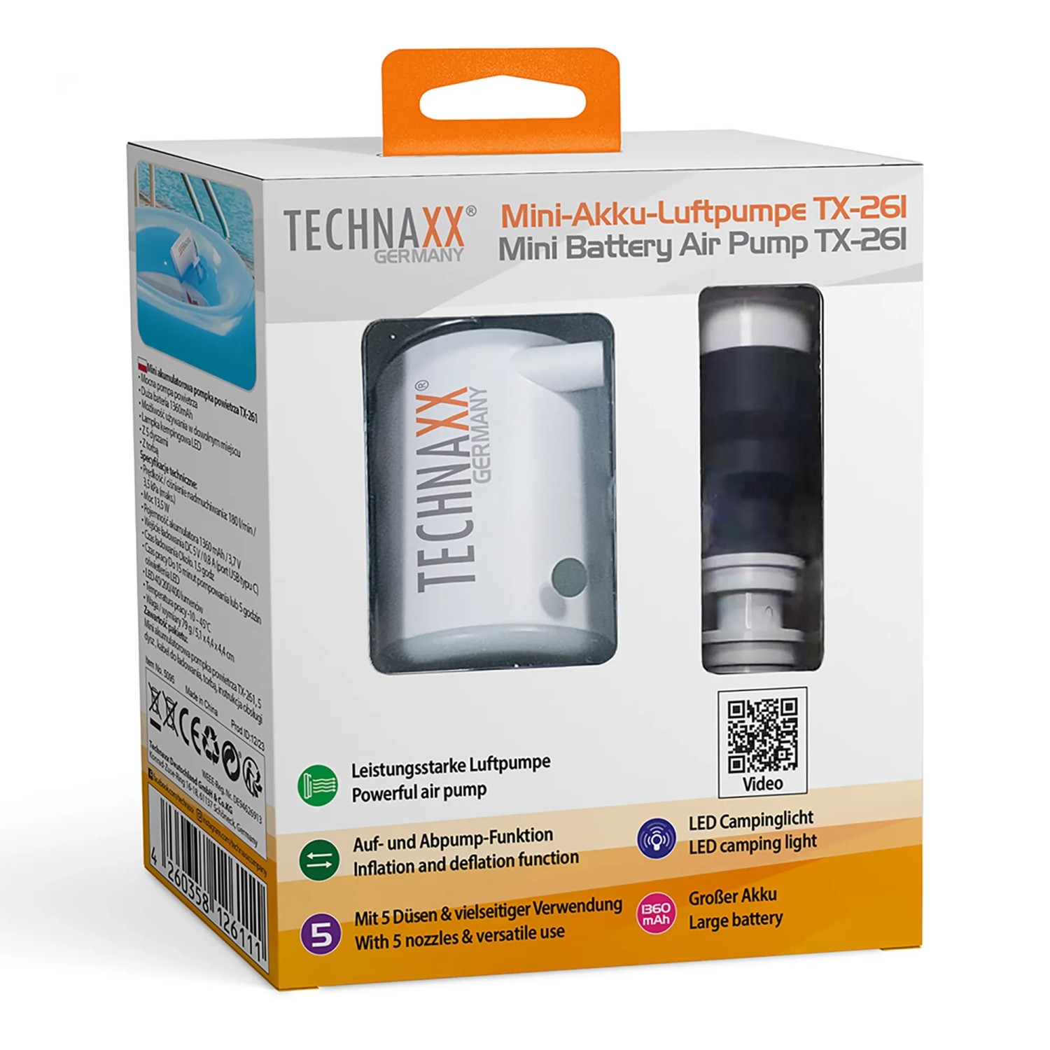 Technaxx Mini-Akku-Luftpumpe TX-261 im Karton, mit LED-Licht, weiß.