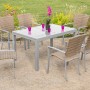 7-teiliges Gartenmöbel-Set Savona in Naturgrau mit Ausziehtisch (140/200x90 cm) und 6 Polyrattan-Sesseln.