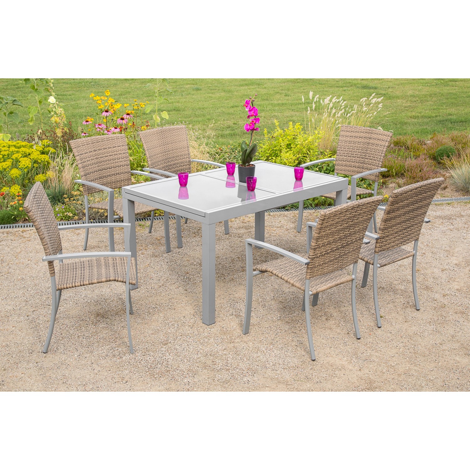 Gartenmöbel-Set Savona 7-tlg. Naturgrau inkl. Tisch 140/200 cm x 90 cm günstig online kaufen