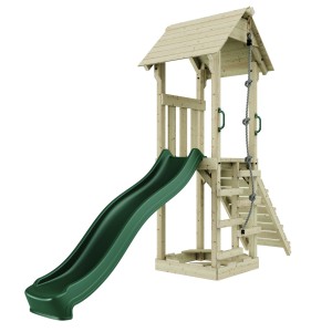 OutdoorToys Spielturm Lillehammer dunkelgrün mit Rutsche und Kletterseil.