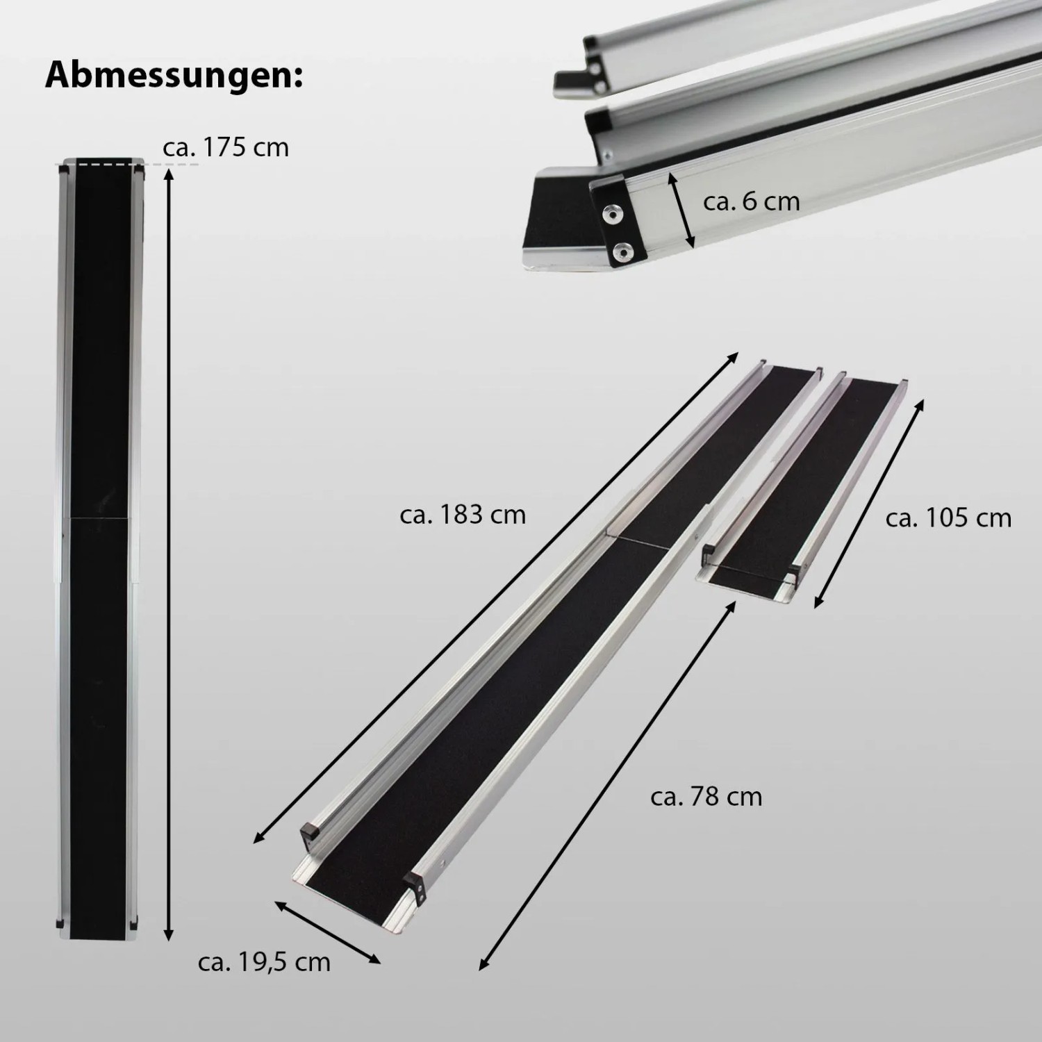 TRUTZHOLM Alu Teleskoprampe, 105-183cm, Traglast 272kg, Rollstuhlrampe mit Tasche, Abmessungen