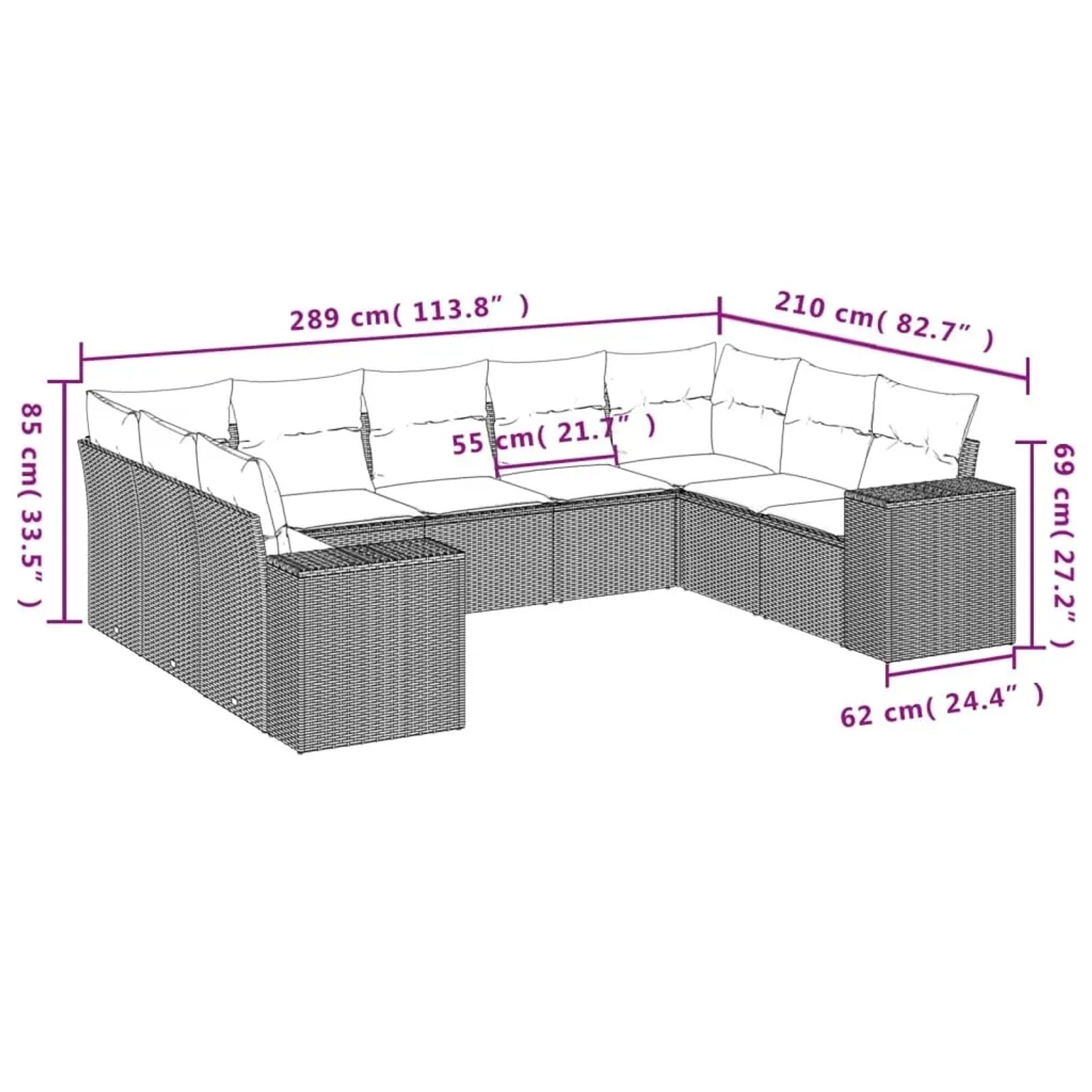 vidaXL 9-tlg. Garten-Sofagarnitur aus Poly Rattan (schwarz) mit Maßen. Gartenmöbel für Terrasse und Garten.