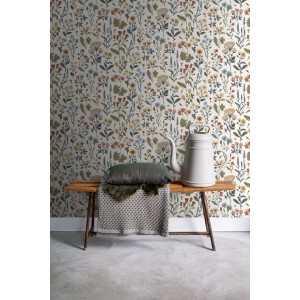 Sanders & Sanders Tapete Feldblumen Ockergelb Grün Blau und Terrakotta 50 x 900 cm