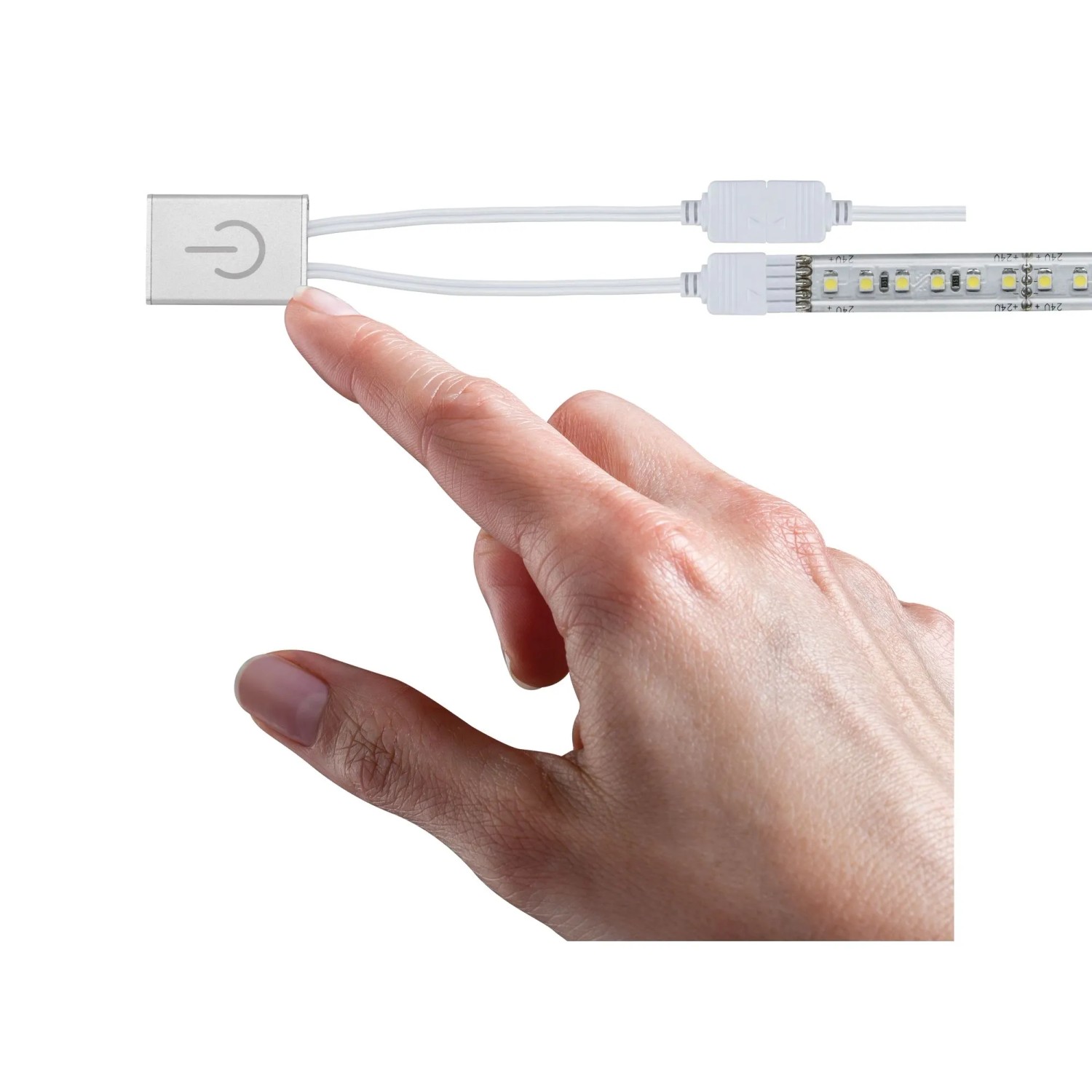 Paulmann MaxLED Touch Schalter in Silber wird mit Finger bedient, LED-Streifen sichtbar.