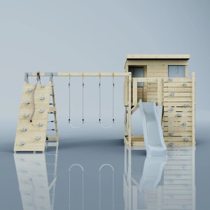 PolarPlay Spielturm Aksel Eisblau mit Schaukel, Rutsche und Kletterwand aus Holz.