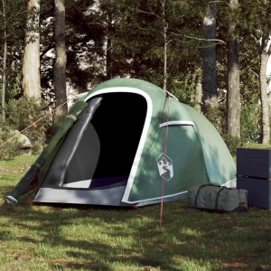 Grünes Furnicato Tunnelzelt im Wald. Campingzelt für 2 Personen mit offener Tür und Tragetasche. Ideal für Outdoor.