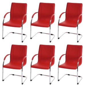 Sechs rote Freischwinger Konferenzstühle mit verchromtem Stahlgestell und Armlehnen. Set für Büro & Besuch.