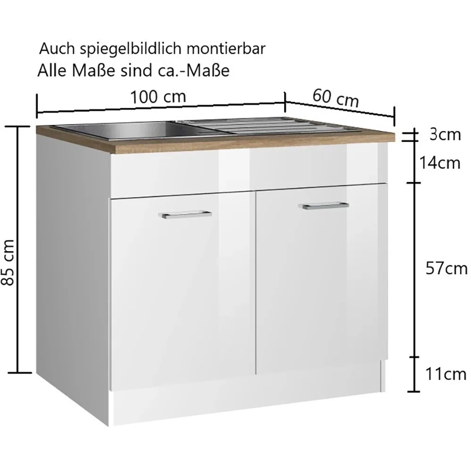 Held Möbel Spülenunterschrank Mailand, 100 cm, Hochglanz Weiß mit Spüle.