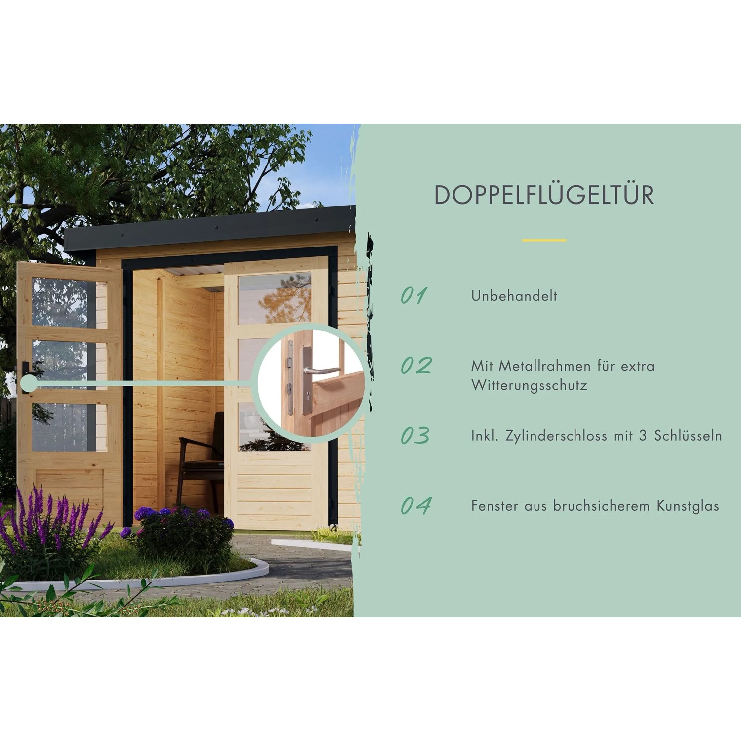 Karibu Gartenhaus Domingo 3 A mit Doppelflügeltür, Natur-Anthrazit. Holzgartenhaus mit Metallrahmen.