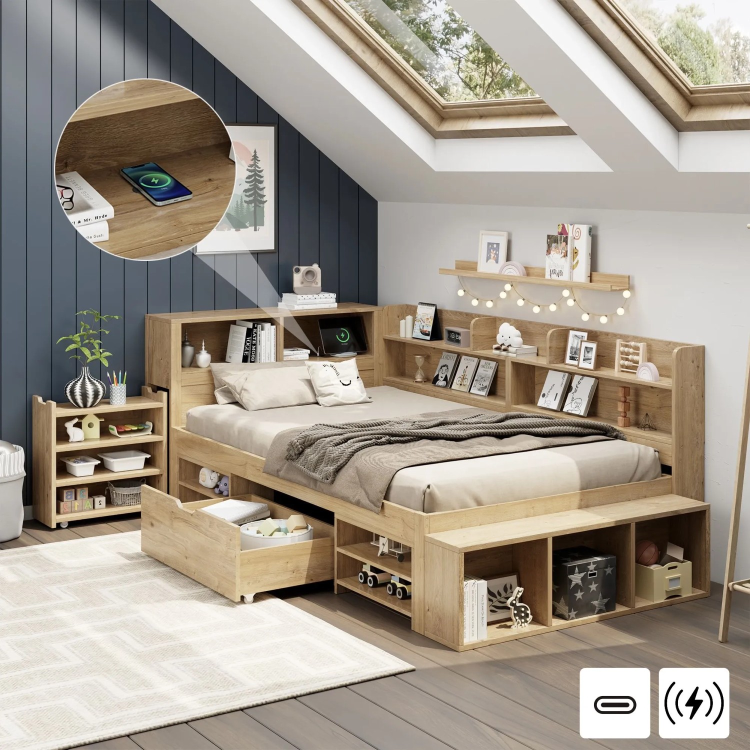 Merax Kinderbett 90 x 200 cm mit Nachttischen Regalen Funkladung Natur