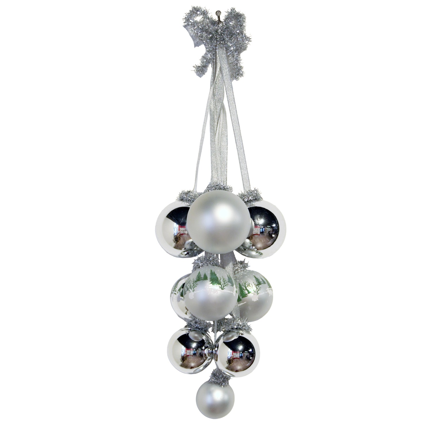 Silbernes Kugelgehänge von Krebs Glas Lauscha, 10-teilig, mit Winterwald-Motiv für festliche Weihnachten.