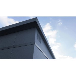Detailansicht: Anthrazitfarbenes Weka Metall-Gerätehaus Gary mit Lüftungsgitter.