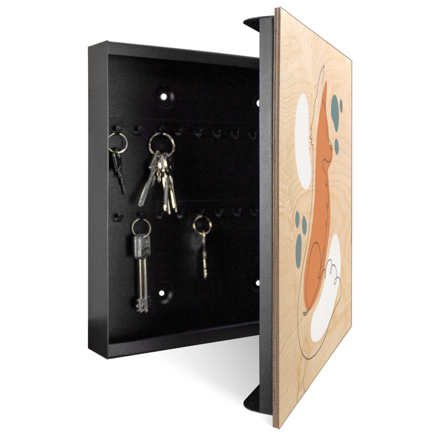 Offener Banjado Schlüsselkasten aus Holz, 30x30cm, mit Fuchs Motiv und Schlüsselhaken.