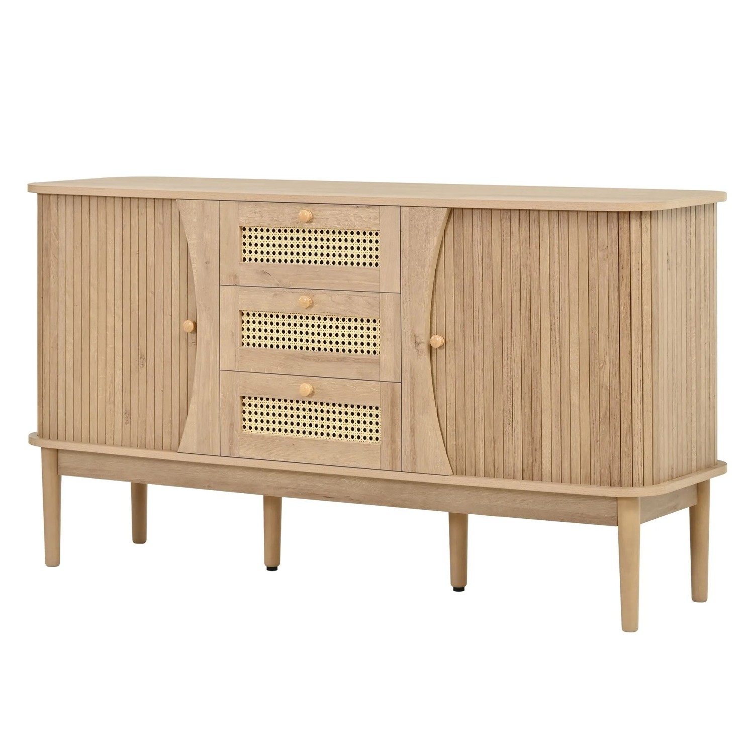 ModernLuxe Sideboard Rattan mit 2 Schiebetüren 3 Schubladen Spanplatte Walnuss