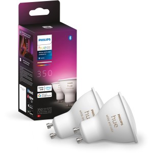 Philips Hue LED-Spot GU10 Doppelpack mit Farbwiedergabe und Verpackung.