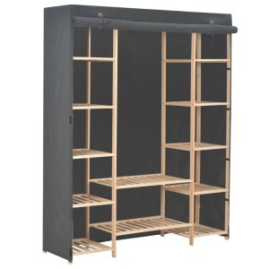 Grauer vidaXL Kleiderschrank (135x40x170 cm) aus Stoff mit Holzrahmen und offenen Fächern.