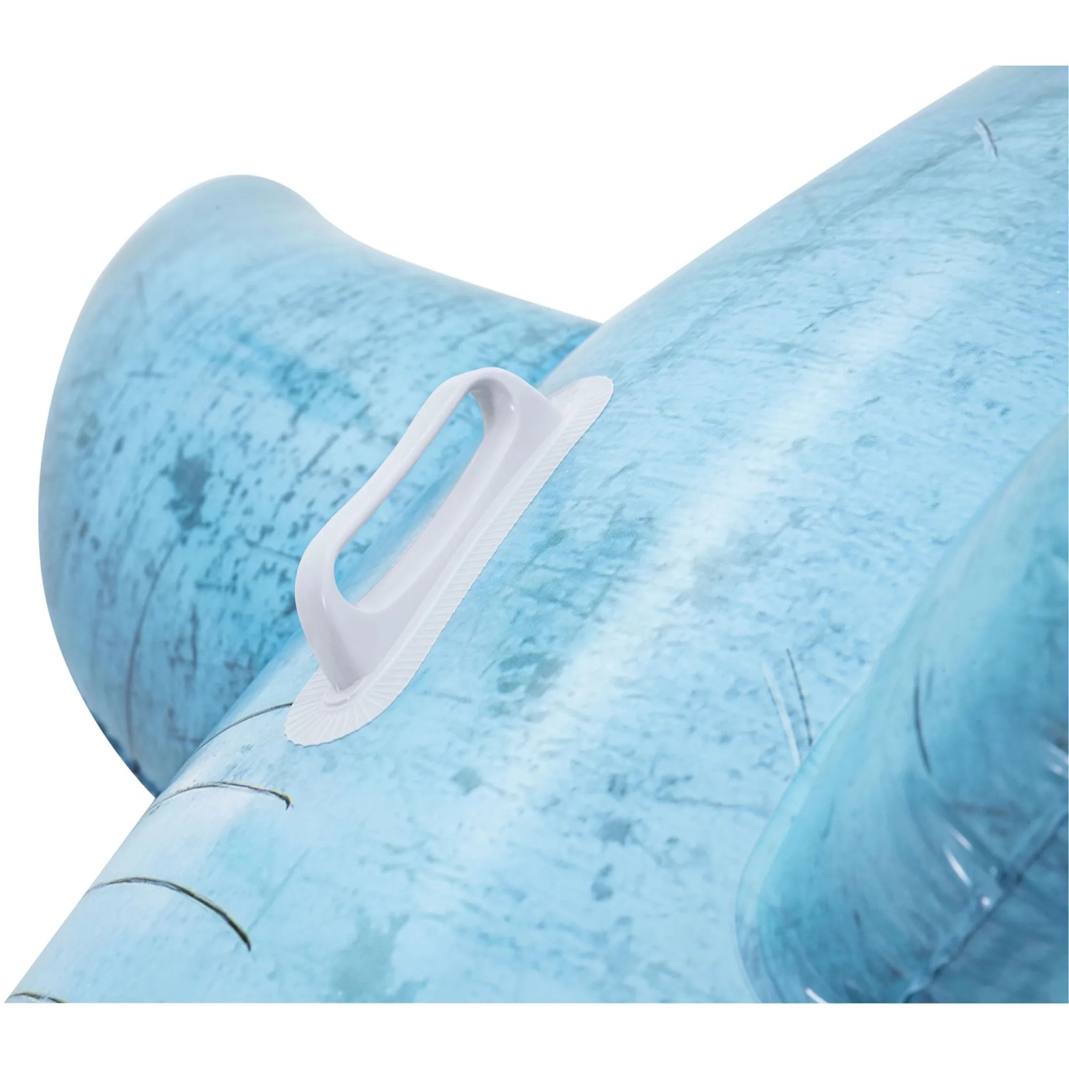 Detailaufnahme: Blauer Bestway Schwimmtier Hai mit weißem Haltegriff.