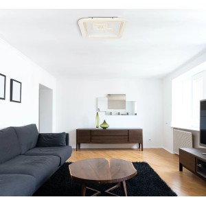 Moderne, dimmbare LED-Deckenleuchte Valeria, weiß, mit Fernbedienung im Wohnzimmer.