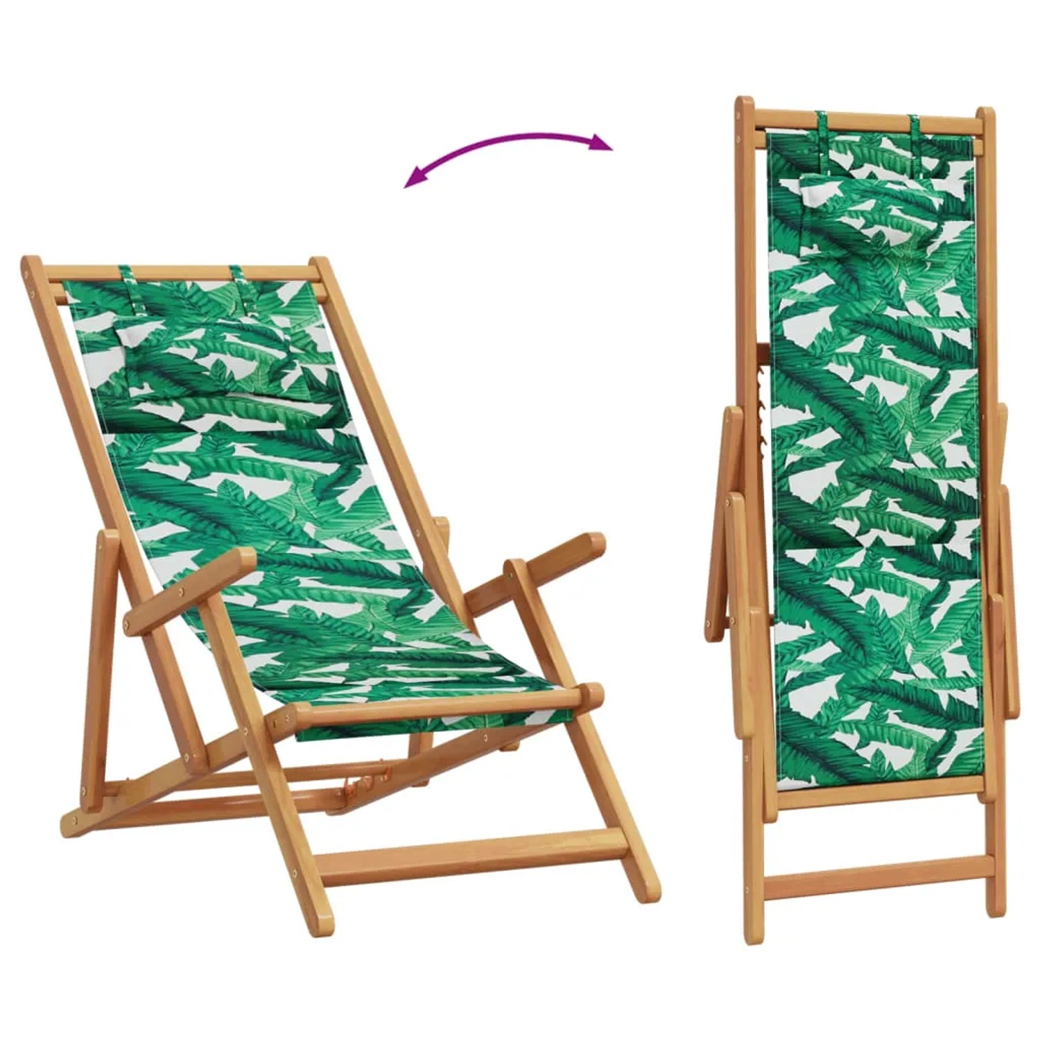Klappbarer Strandstuhl aus Eukalyptusholz mit Blattmuster, verstellbar und platzsparend.