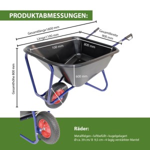 TRUTZHOLM Schubkarre XXL, 290L, 300kg, mit Maßangaben. Schwarze Kunststoffmulde, blaues Metallgestell, Luftrad mit roter Felge.