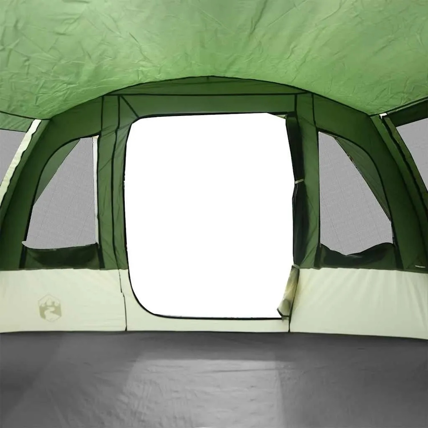 Innenansicht: Grünes Tunnel-Familienzelt für 8 Personen von vidaXL. Campingzelt mit Fenstern und Eingang.