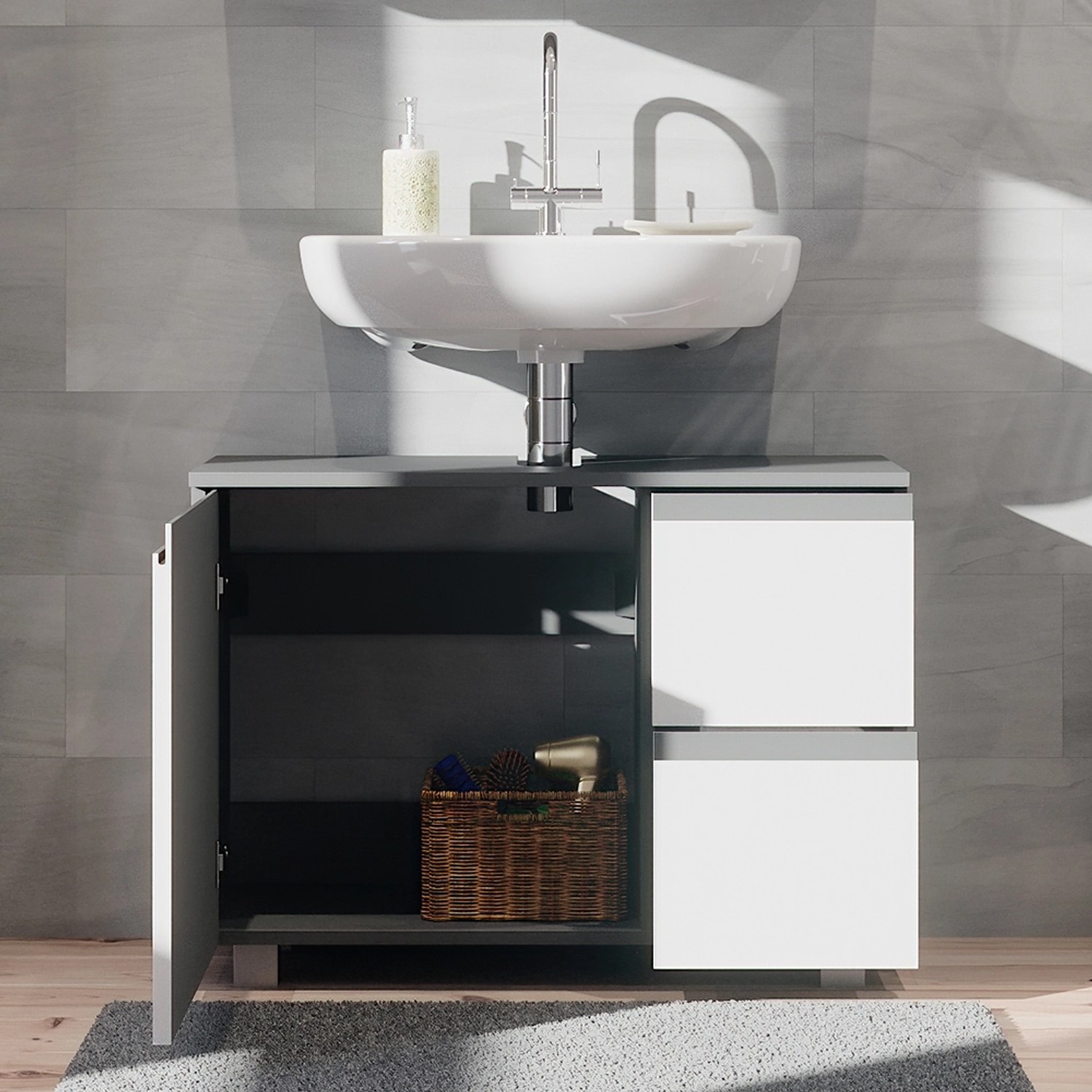 Vicco Waschbeckenunterschrank J-Shape, weiß/anthrazit, mit Tür und Schubladen.