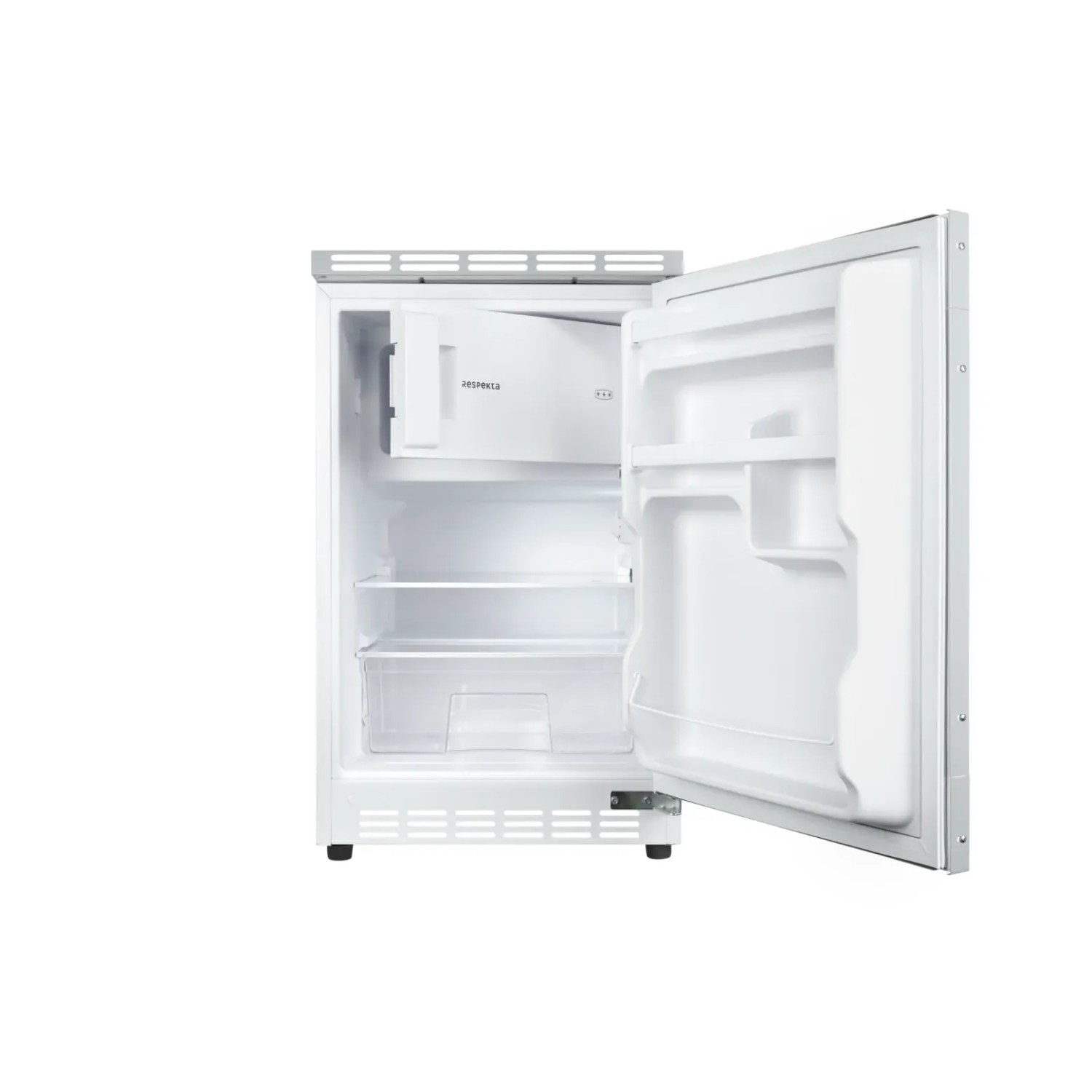 Offener, weißer Respekta Unterbaukühlschrank Ilian mit Fächern. Kühl-Gefrierkombination für die Küche.