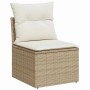 Beiges Gartenmöbel-Set: Einzelner Sessel aus Polyrattan mit Kissen und Stauraum.