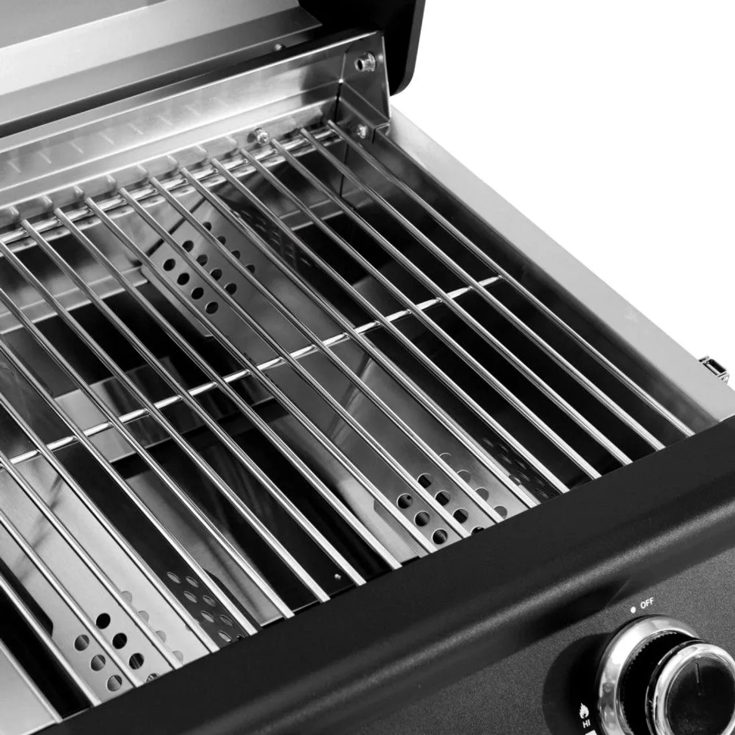 Detailansicht des Taino Platinum Compact Dark Gasgrills. Edelstahl-Grillrost und Brennerabdeckungen. Kompakter Tischgrill.