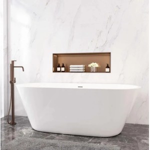 Freistehende, ovale Acryl Badewanne (150x70cm) mit Siphon im modernen Badezimmer.