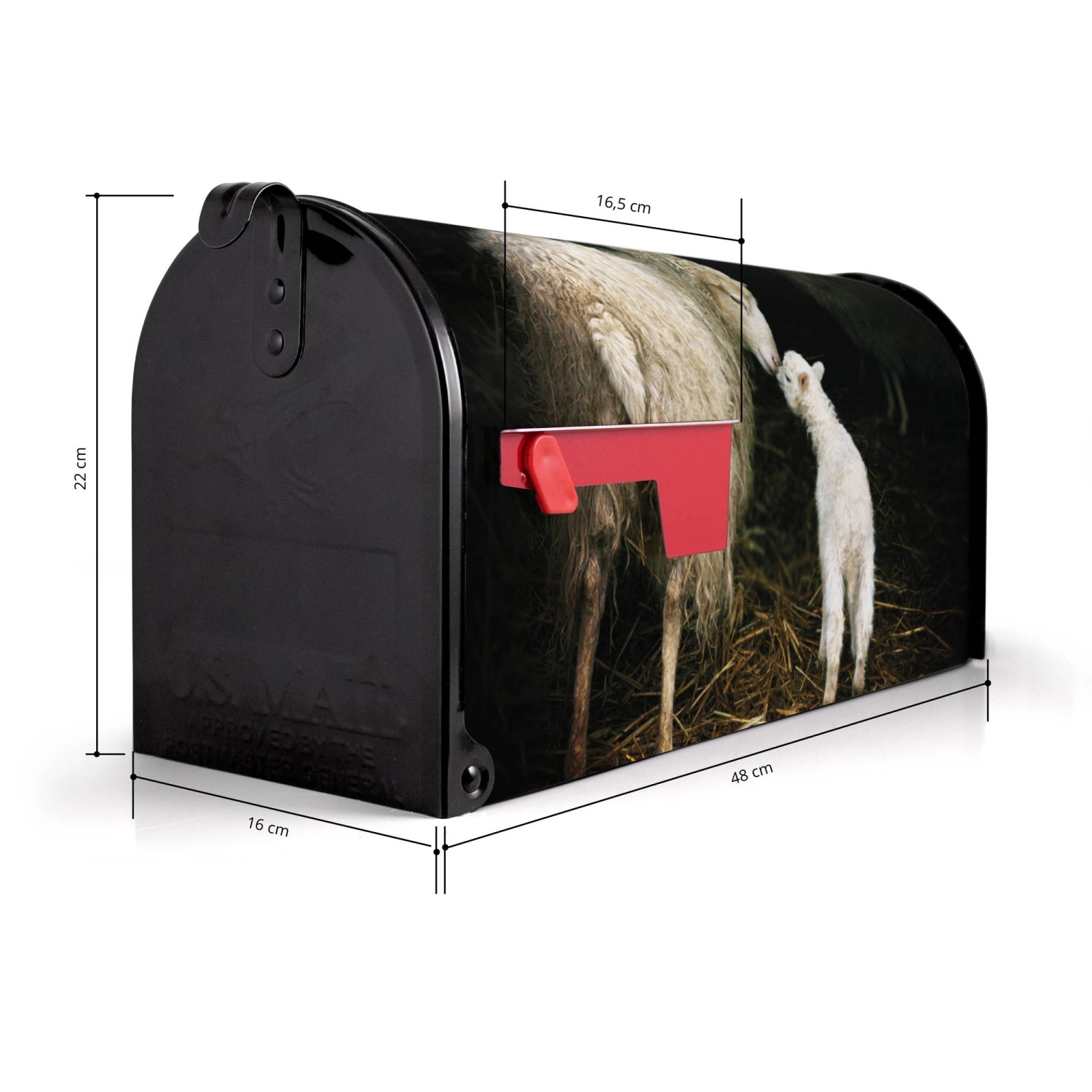 Schwarzer US Briefkasten mit Schaf und Lamm Motiv, 48x22x16cm, ideal für Post und kleine Päckchen.