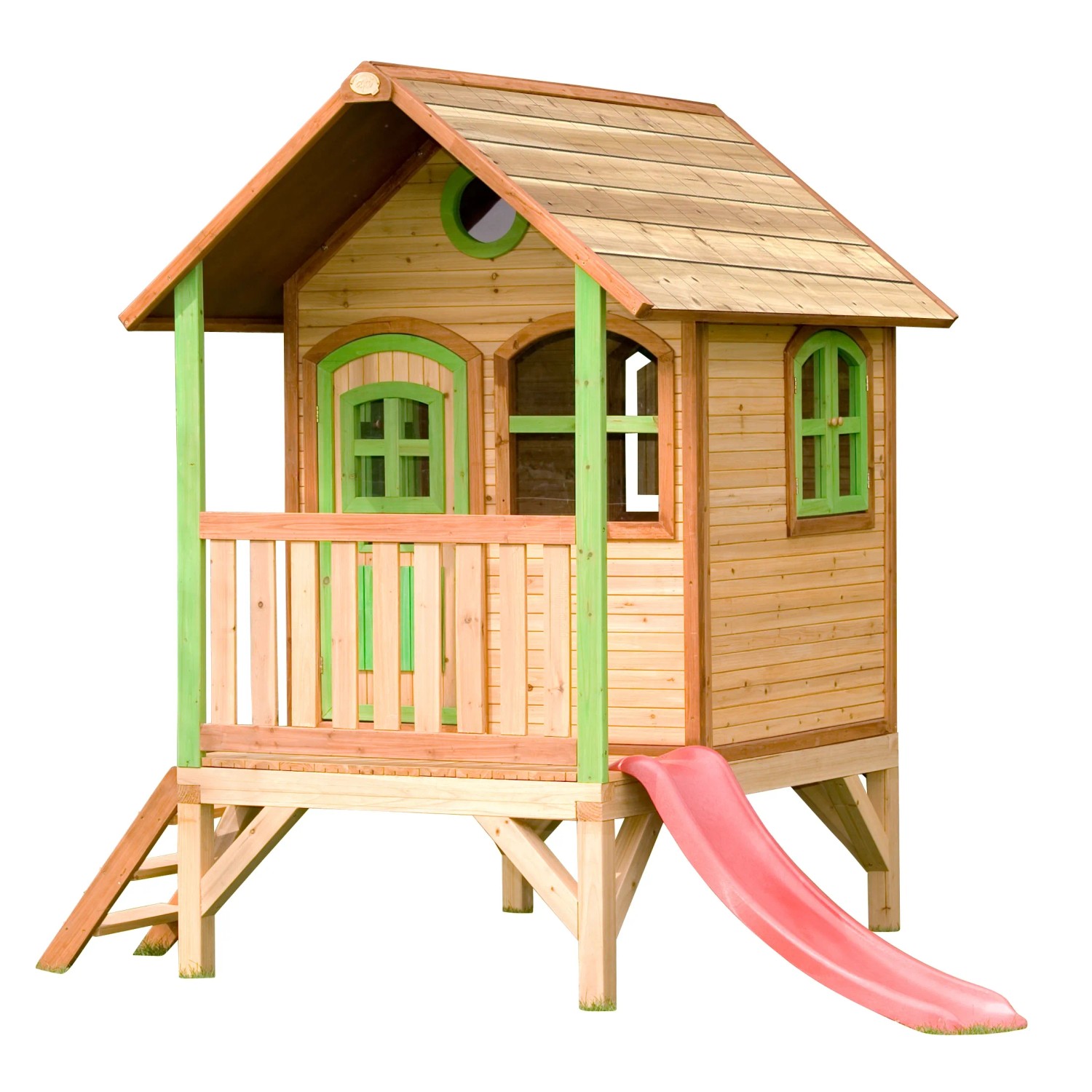 Axi Tom Spielhaus aus Holz mit roter Rutsche, braun und grün, 191x287x231 cm.