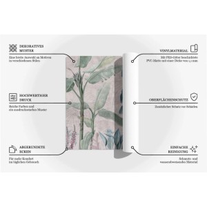 Tulup Schreibtischunterlage mit botanischem Muster. Zeigt Vinylmaterial, UV-Druck, abgerundete Ecken und einfache Reinigung.