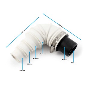 Wiltec 90° Rückschlagventil Winkelstück, weiß, mit schwarzer Stufentülle und Schlauchschelle. Für DN40 Hebeanlagen.