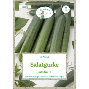 Saatgutpackung Salatgurke Saladin F1, grüne, schlanke Gurken auf der Packung abgebildet.