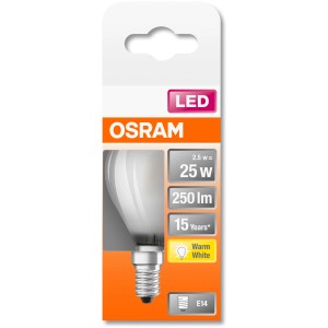 Osram E14 LED Leuchtmittel in Tropfenform, 2,5W, warmweiß, auf Verpackung.