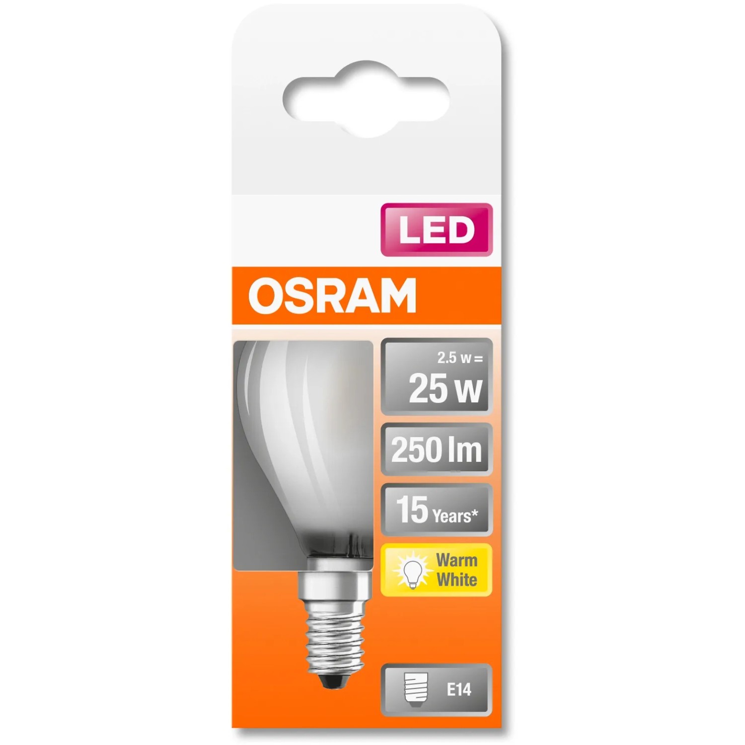 Osram E14 LED Leuchtmittel in Tropfenform, 2,5W, warmweiß, auf Verpackung.