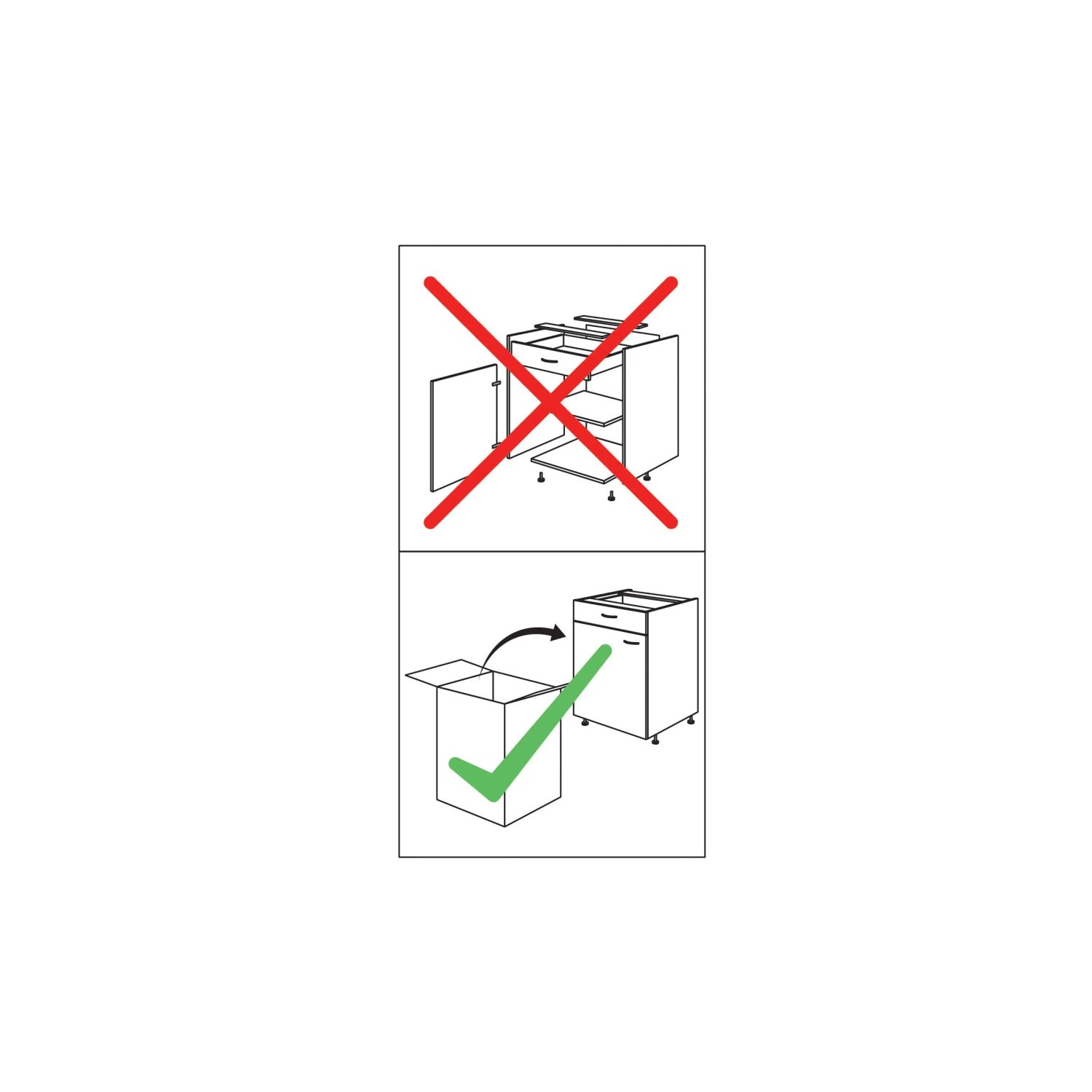 Diagramm: Vormontierte Impuls Küchenzeile wird aus Karton entnommen. Kein Aufbau nötig.