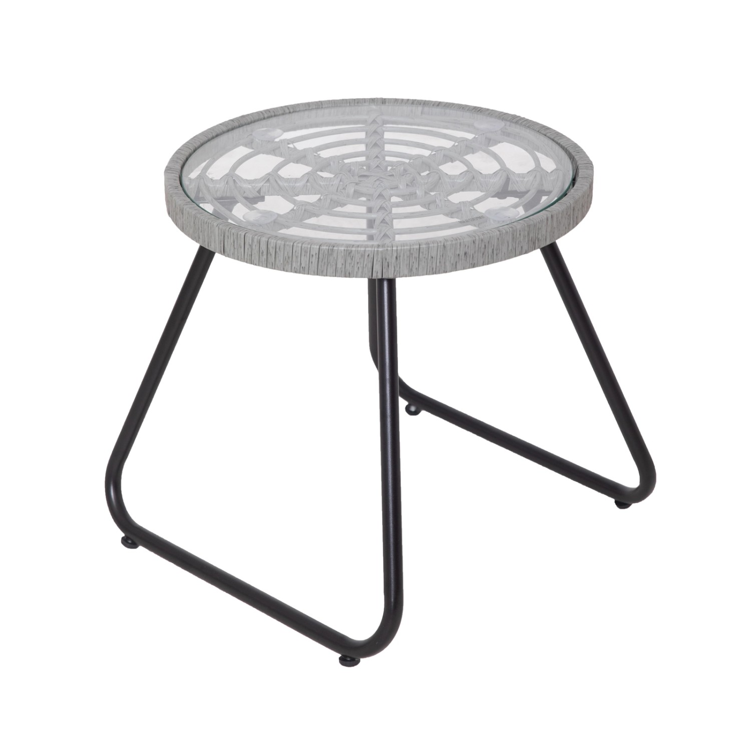 Svita Amalfi Bistrotisch, Teil der Rattan Sitzgruppe, hellgraues Polyrattan, schwarzes Stahlgestell.