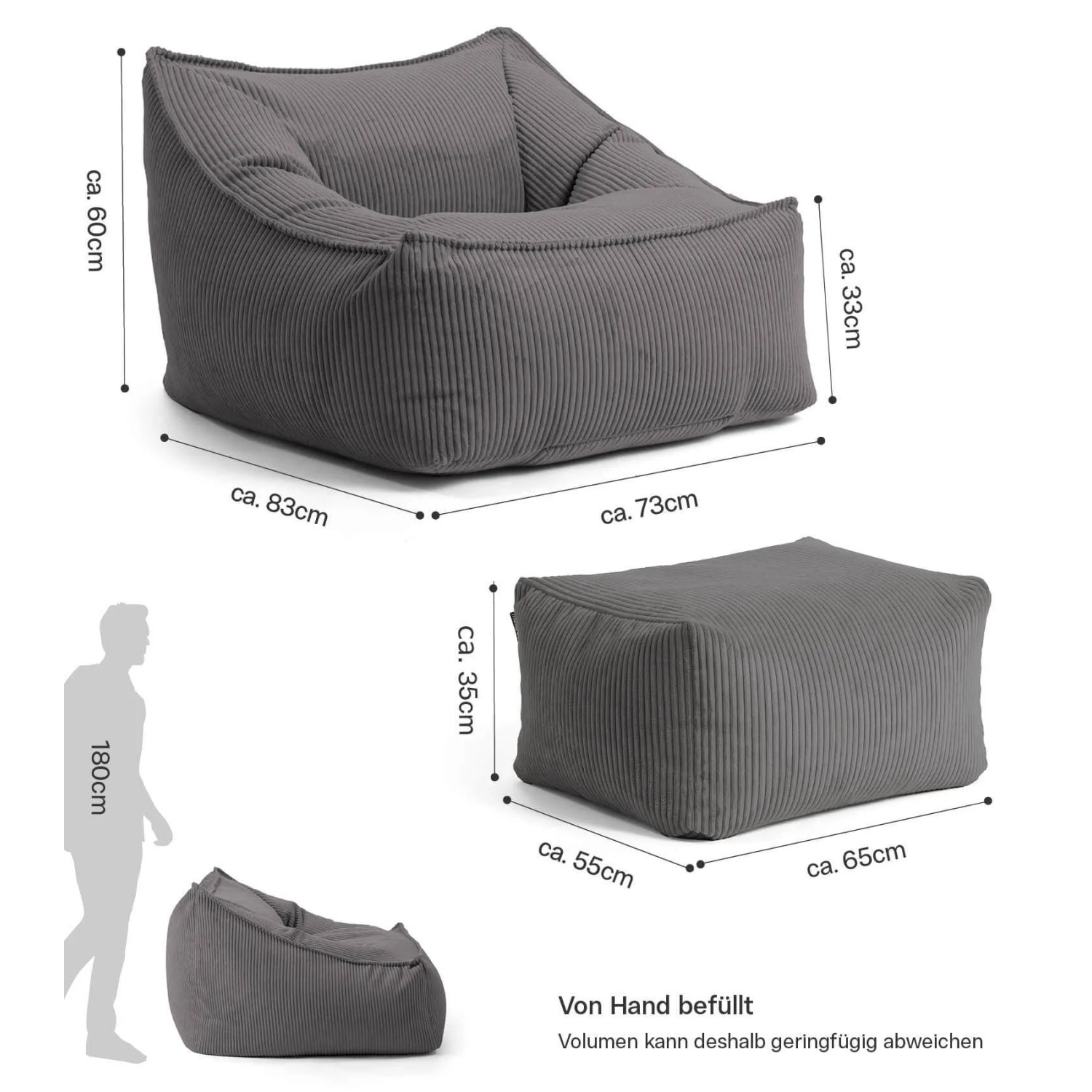 mokebo Sitzsack Sessel 'Lümmel' mit Hocker, Cordstoff anthrazit, Maße eingeblendet.