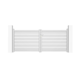 Weißes Casanoov Doppelflügeltor aus Aluminium, 3 m breit und 120 cm hoch.