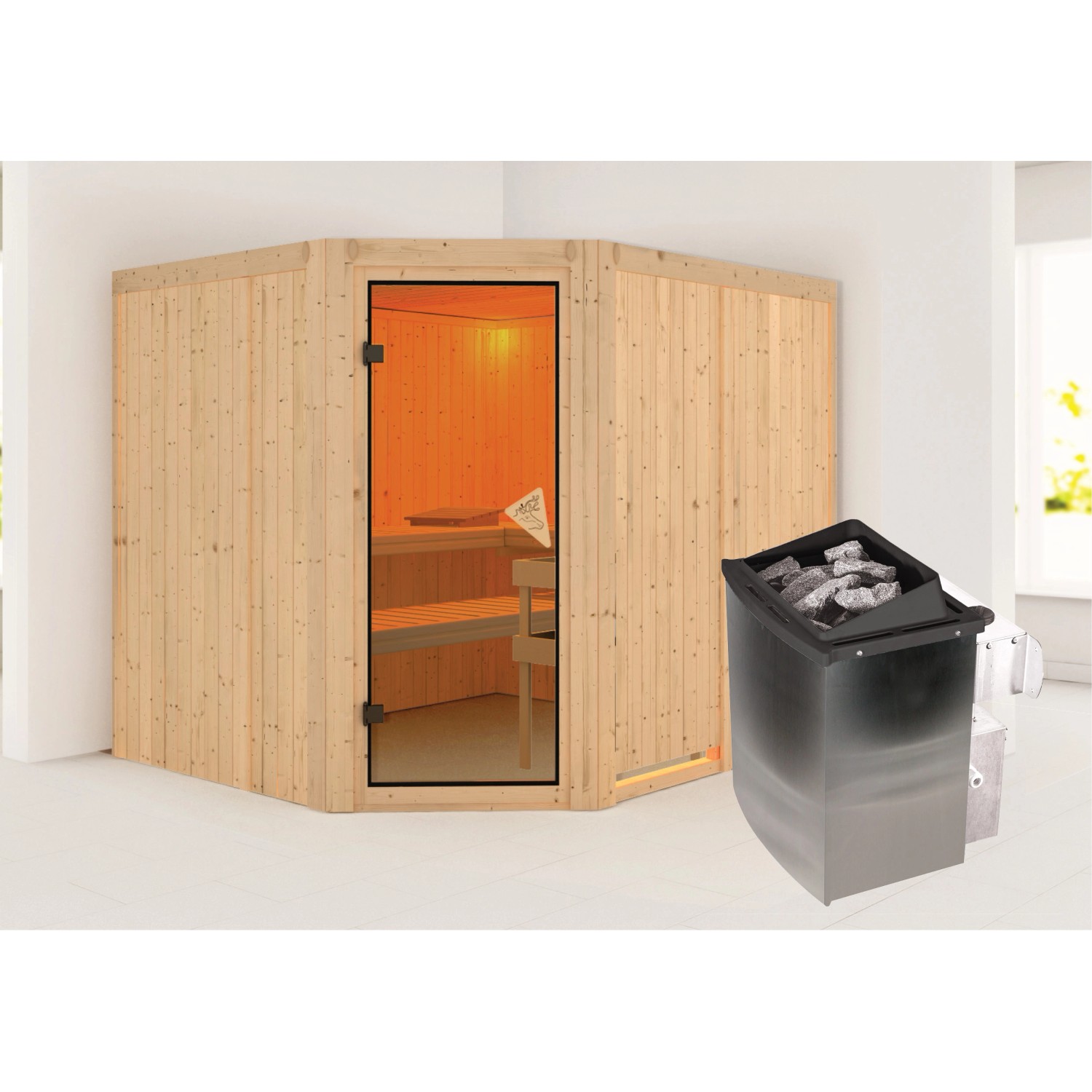 Karibu Sauna mit Ofen intergrierte Stg.Natur günstig online kaufen