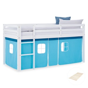 Weißes Homestyle4u Hochbett 90x200 mit blauem Vorhang und Leiter. Kinderbett aus Kiefernholz.
