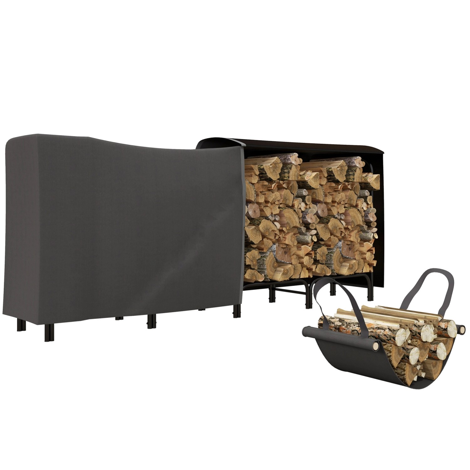 Outsunny Kaminholzregal Brennholzregal mit Tragetasche Metall Schwarz günstig online kaufen