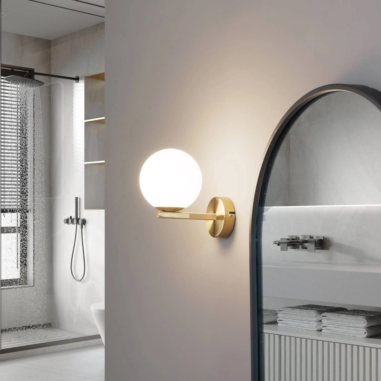 Lucande Wandleuchte Wandlampe Bad Bidolo 10020143 Spritzwassergeschützt in Gold Messing aus Metall 1-flammig G9 Badezimmerleuchte_3