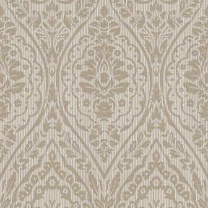 Beige-braune Vliestapete mit floralem Ornament im Landhausstil für Wohn- und Esszimmer.