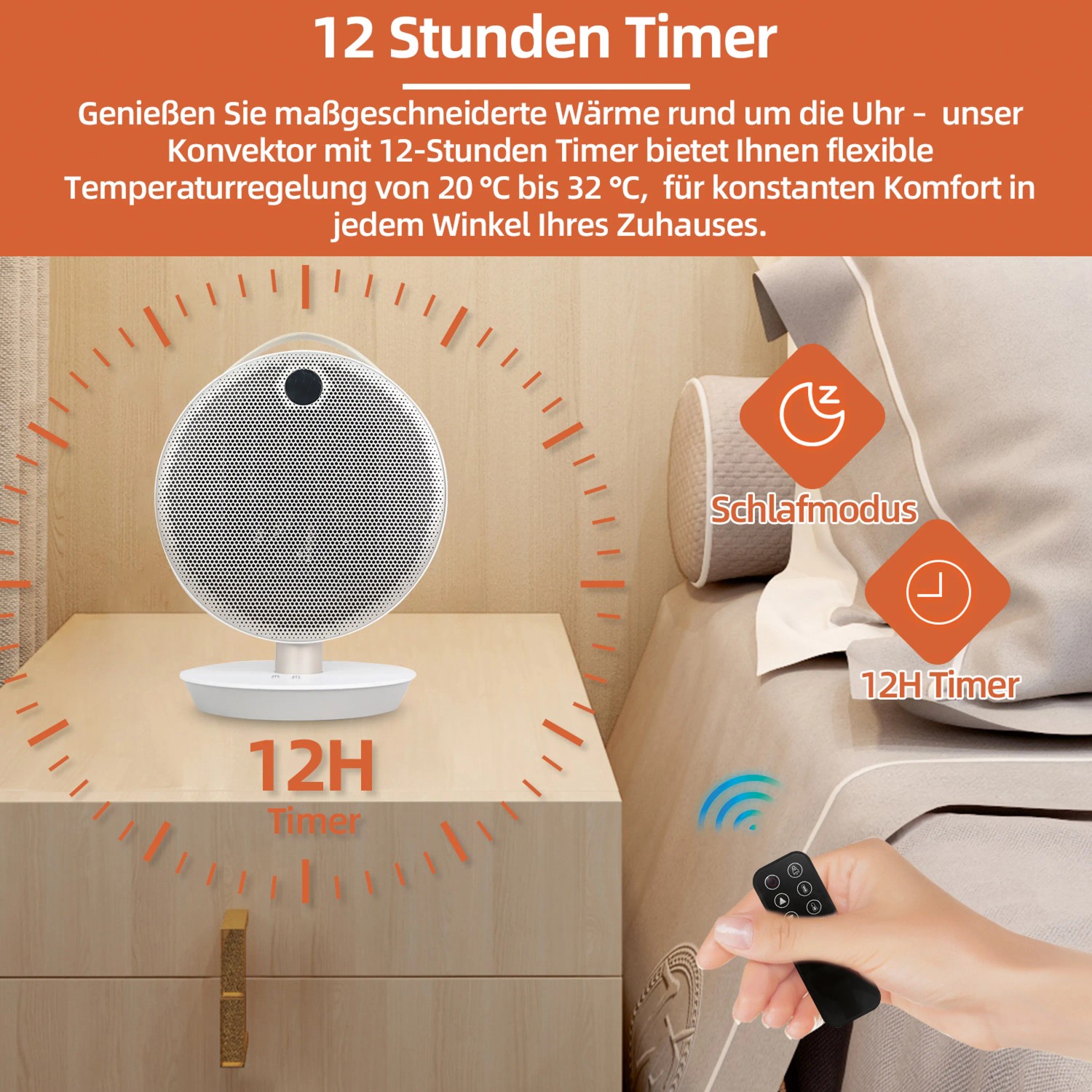 Weißer PTC-Heizlüfter 2200W mit Fernbedienung auf Nachttisch im Schlafzimmer.