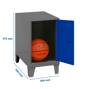 PROREGAL Schließfachwürfel AMEGO, blau-anthrazit, mit Basketball. Garderobenschrank mit offenstehender Tür.